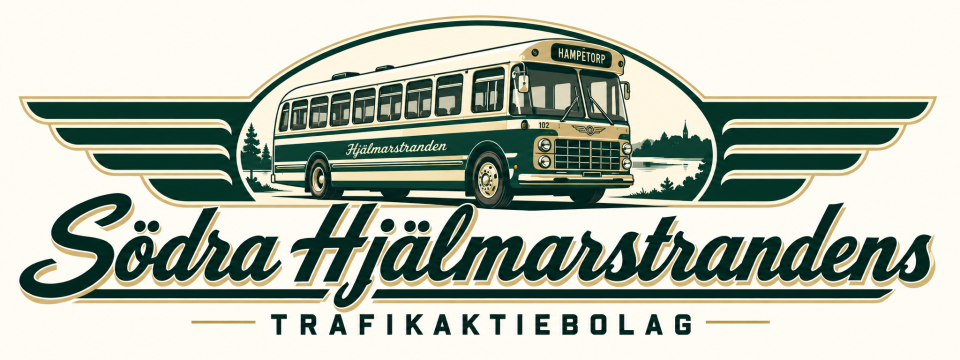 Bolagets logotyp: en grön och krämvit buss mot Hampetorp